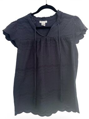 Navy Eyelet Peasant Top with Tie -